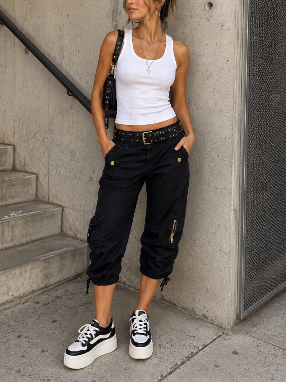 Susie Rose Women's 11 Black Cargo Capri Pants Gold Hardware